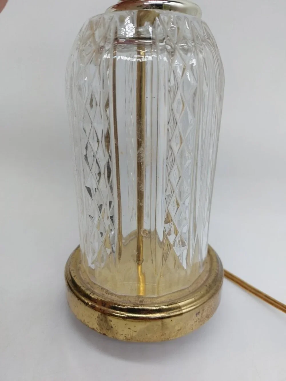 Clear Diamond Pattern Glass & Brass Bedside Table Lamp Vintage Tested Works